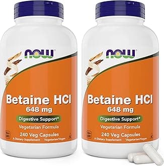 Now Betaine HCl 648mg 240 Veg Capsules (Pack of 2) - Digestive Enzymes Supplement - Enhanced with Pepsin Protease for Protein Digestion Support