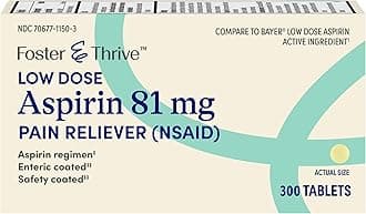 Foster & Thrive Aspirin Low Dose 81 mg, Enteric Coated Tablets, Doctor Recommended, Secondary Prevention of Cardiovascular Disease, 300 Coated Tablets