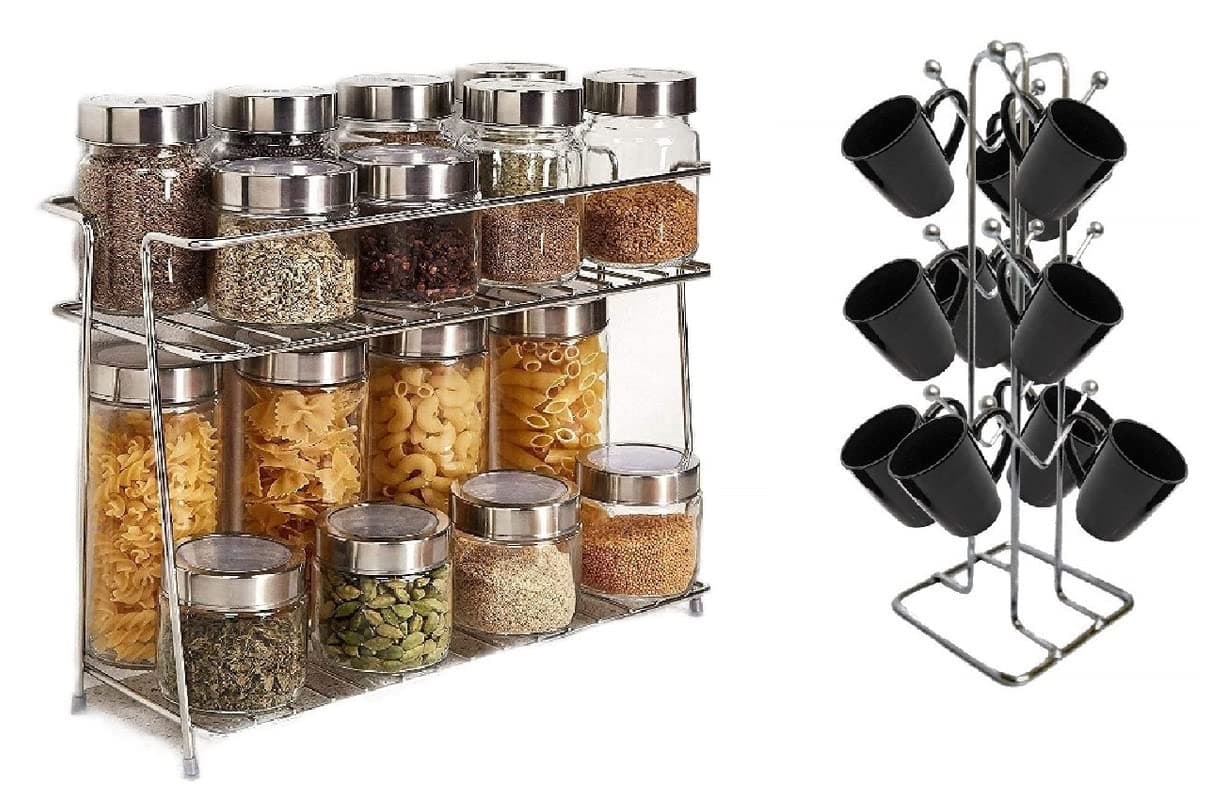 Stainless Steel Spice Rack for Kitchen with V Shape Cup Stand for Dinning Table, Stands and Racks, 2 Tier Kitchen Rack, 12 cup holder stand for kitchen (Pack of 2)Freestanding,Tiered Shelf