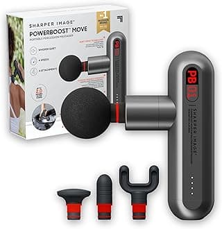 Sharper Image PowerBoost Move Portable Percussion Massage Gun - Electric Small Massager Gun with 4 Attachments & Speeds, Handheld Deep Tissue Vibrating Massager for Muscle Relief, Athlete Recovery