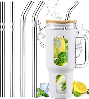 12" Stainless Steel Straws Replacement for Stanley Adventure Quencher 40 oz 30 oz Cup Tumbler, 4 Pack Metal Straws Reusable with Cleaning Brush for Stanley 40 oz & Simple Modern Tumbler with Handle