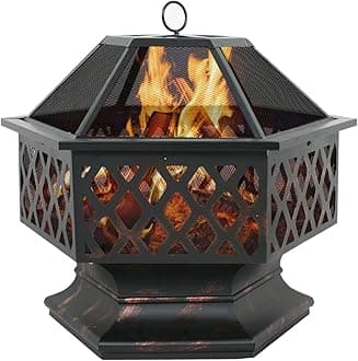 Nouva 24 in Wood Burning Fire Pit - Heavy Duty Hex Shaped Outdoor Firepit with Spark Screen, Safety Ring, Poker, Hexagon Fire Bowl Fireplace for Patio Campfire Bonfire Backyard Picnic