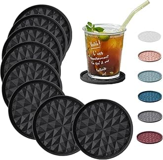 Silicone Coasters for Drinks[8 Pack, No Holder]- Cup Mat for Tabletop Protection-Non-Slip, Non-Stick, Coffee Table Decor, Great Gift for Any Occasion, Black