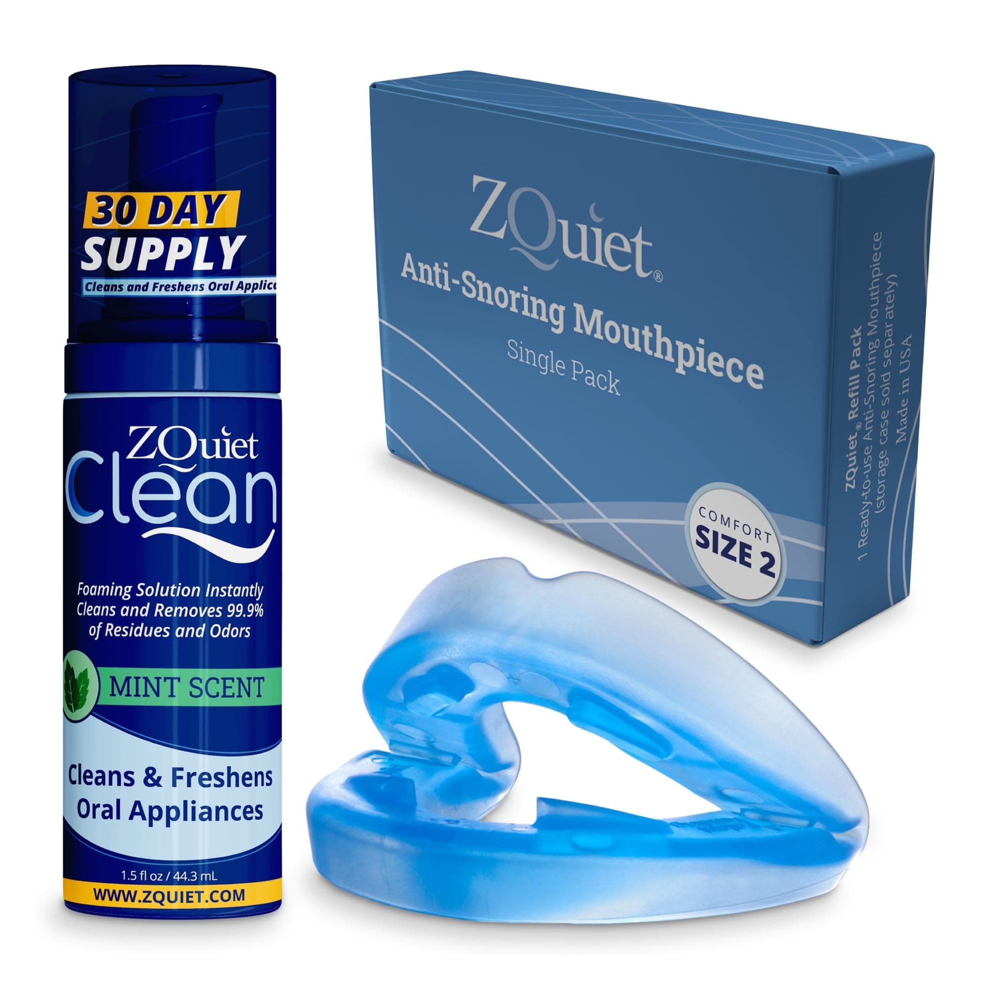 ZQUIET Anti-Snoring Mouthpiece Solution, Comfort Size #2 (Single Device, No Storage Case) + Anti-Bacterial Cleaner (1.5oz Bottle) -Made in USA & FDA Cleared, Sleep Aid, Dentist Designed Oral Appliance