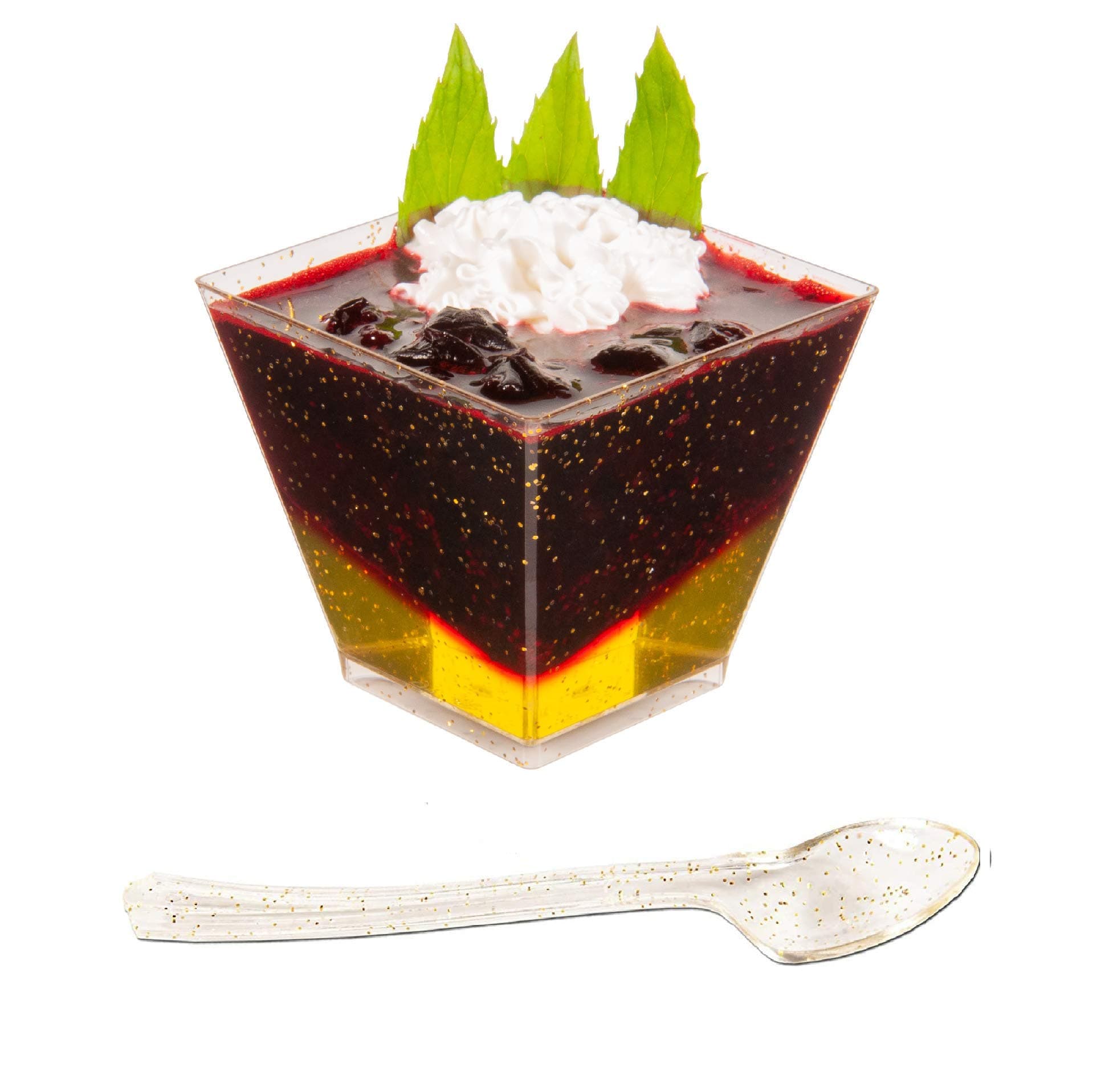 DLux 100 x 2oz Square Mini Dessert Cups with Spoons, Gold Glitter Clear Plastic Parfait Appetizer Cup - Small Reusable Serving Bowl for Tasting Party Desserts Appetizers - With Recipe Ebook
