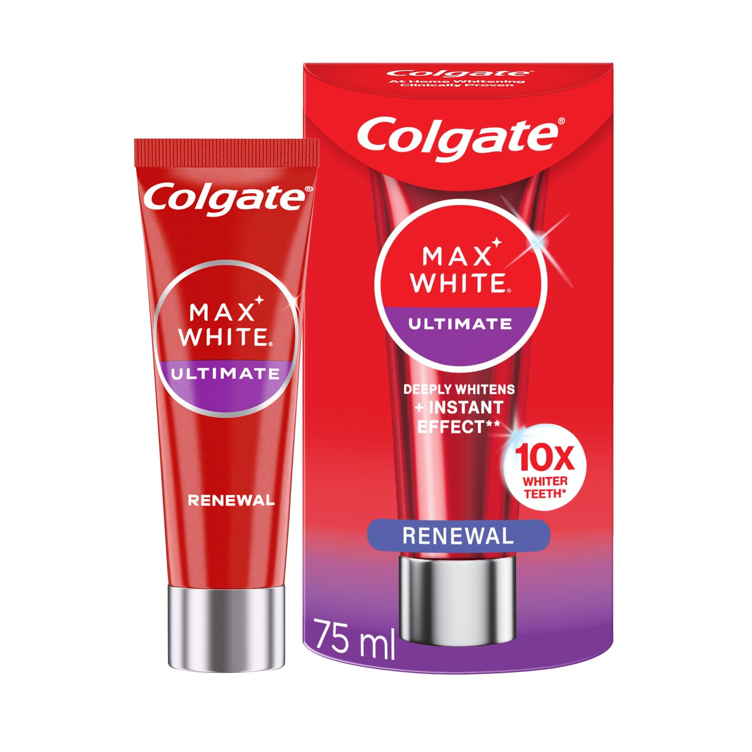 Colgate Max White Ultimate Renewal Whitening Toothpaste 75ml - 10X Whiter Teeth* - Instant Teeth Whitening Toothpaste^ - Deeply* Whitens - Helps Prevent Future Stains - Enamel Safe for Daily Use