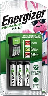 Energizer Rechargeable Aa And Aaa Battery Charger (Recharge Value) With 4 Nimh Batteries, Black, 50608, Maxi