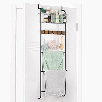 Over The Door Towel Rack Behind Door Towel Holder for Bathroom 5 Tier Over The Door Towel Bar with Basket Towel Rack Door Hanger with Hooks for Clothes Toiletries (Brown and Black)
