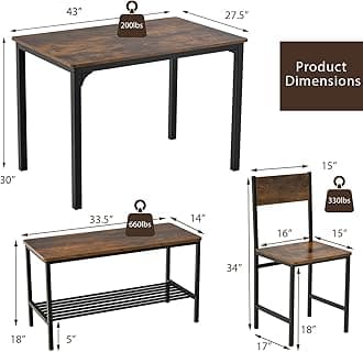 Tangkula Dining Table Set for 4, Kitchen Table and 2 Chairs for 4 with Bench, 4 Piece Dining Table Set for Small Space, Apartment