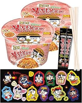 ***12 types of Buldak character ‘Hochi’ stickers***+ Rose Buldak stir-fried noodles Big Bowl 2 Pack + Buldak Sauce 2 Stick + wooden chopsticks 2 pairs - Korean Food Spicy Cup Ramen