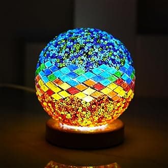 Turkish Table lamp (D:4.7" x H:5.2"),Mosaic Glass Lamps with Wooden Base, Bohemian Tiffany Bedside Lamps, USB Power Moroccan Lantern for Living Room Decorations (Mediterranean - Blue, Mediterranean)