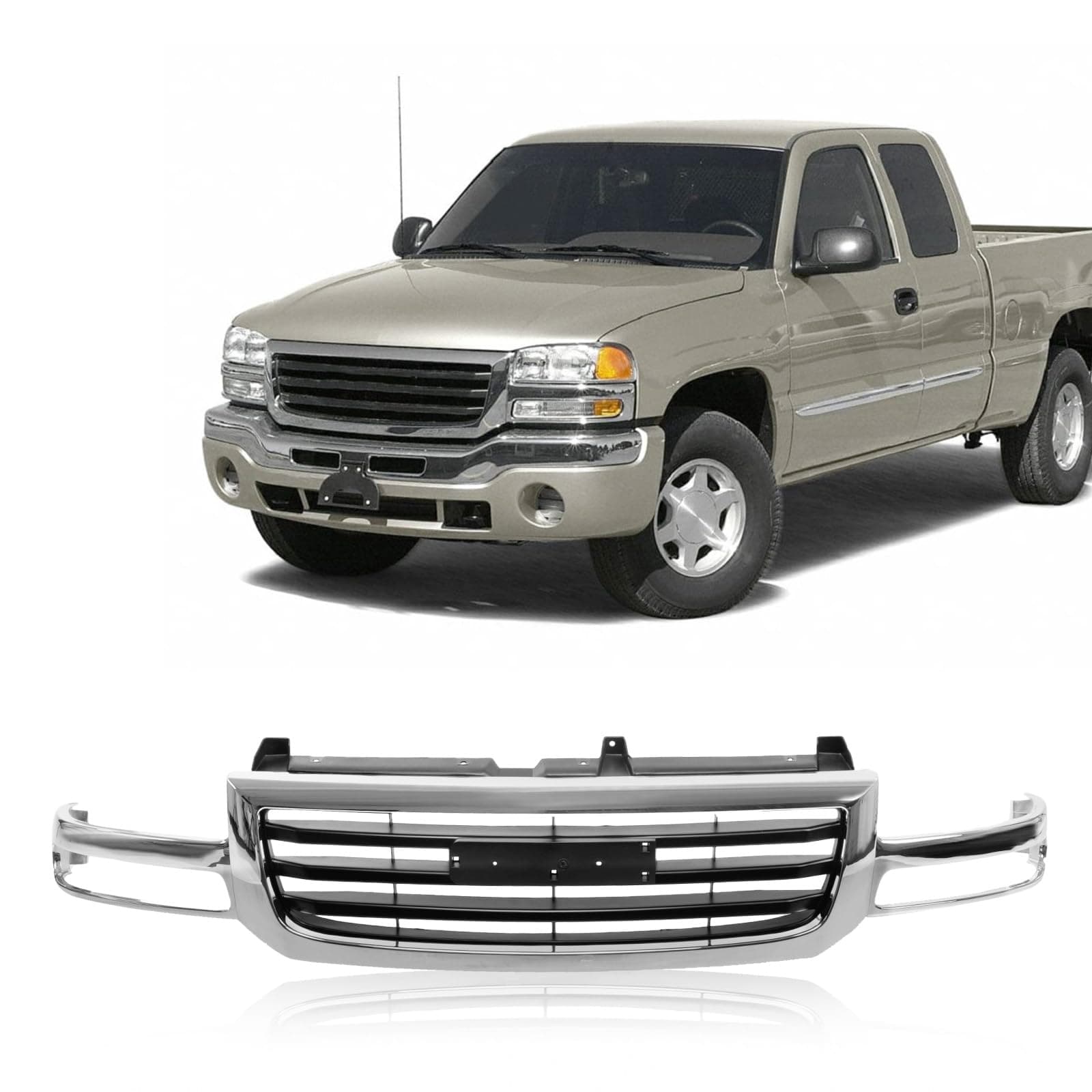 Perfit Liner Front Grille Grill Chrome Shell and Black Insert Compatible with 2003-2007 GMC 2003-2007 Sierra 1500 2500 GM1200475 19130791