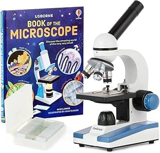 AmScope M150C-PS25-WM Compound Monocular Microscope, WF10x and WF25x Eyepieces, 40x-1000x Magnification, LED Illumination, Brightfield, Single-Lens Condenser, Coaxial Coarse and Fine Focus, Plain Stage, 110V, Includes Set of 25 Prepared Slides and Book