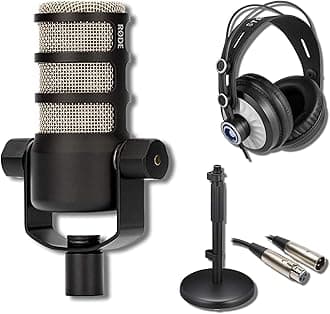 Rode PodMic Dynamic Podcast Microphone with On-Stage DS7200B Desktop Mic Stand, StreamEye Cans50 Podcast Headphones, XLR Cable and StreamEye Polishing Cloth