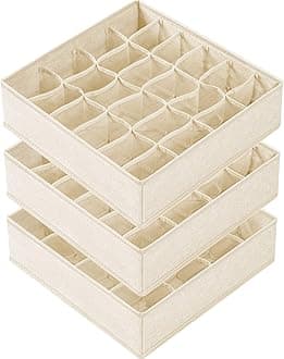 Criusia 3 Pack Organizer Dividers, 64 Cell Fabric Foldable Cabinet Closet Organizers and Storage Boxes for Storing Socks, Underwear, Ties (16+24+24 Cell, Beige)