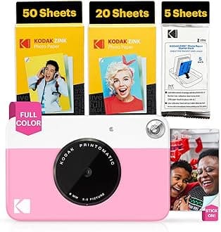 - Kodak Printomatic Full-Color Instant Print Digital Camera - 75 Sheets Bundle - Prints On Zink 2x3 Sticky-Back Photo Paper - 5MP, Portable, Creative Fun Gift for Birthday, Christmas, Holiday - Pink