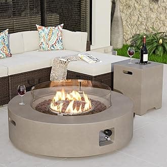 Outdoor Propane Fire Pit Table Set of 2 with Tank Table, 40.5 Inch Dark Fire Table 50,000BTU Grey Round Base Wind Guard 16 Inch Tank Side Table 20lb for Garden Pool