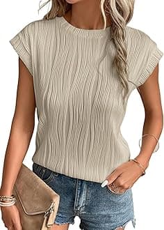 Womens Short Sleeve Textured Tops Crewneck Knit Solid Loose Casual Basic T Shirts Tee Blouses