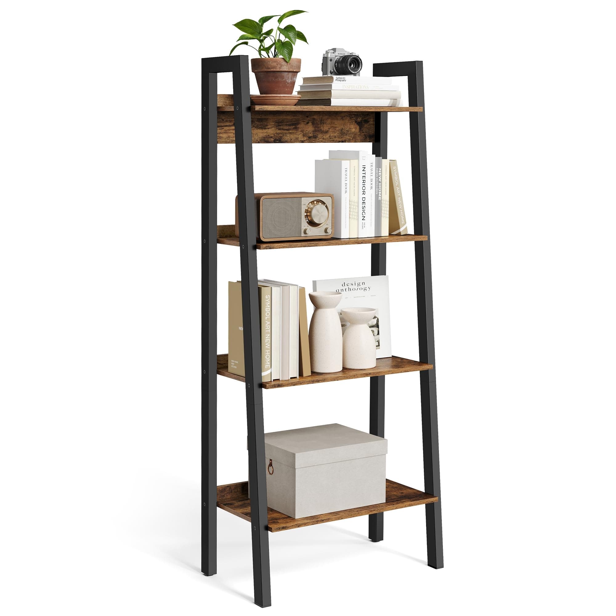 Ladder Shelf, 4-Tier Narrow Shelf, Bookshelf for Home Office, Living Room, Bedroom, Kitchen, Industrial, Rustic Brown and Ink Black LLS054X01