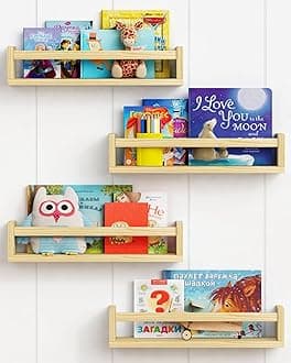 Nursery Floating Book Shelves for Kids Room, Natural Wood Kids Bookshelf Wall Mount Set of 4, Wall Toy Storage Shelves for Baby Boys Girls Bedroom, Bathroom, Kitchen Spice Rack (Natural)