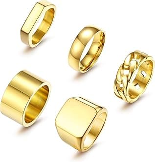 5 PCS 14K Gold Rings for Men Mens Gold Ring Mens Stainless Steel Rings Square Signet Rings Pinky Thumb Ring Chunky Thick Band Cuban Link Chain Ring Cool Finger Ring Wedding Band Ring for Men（Size 7-15）