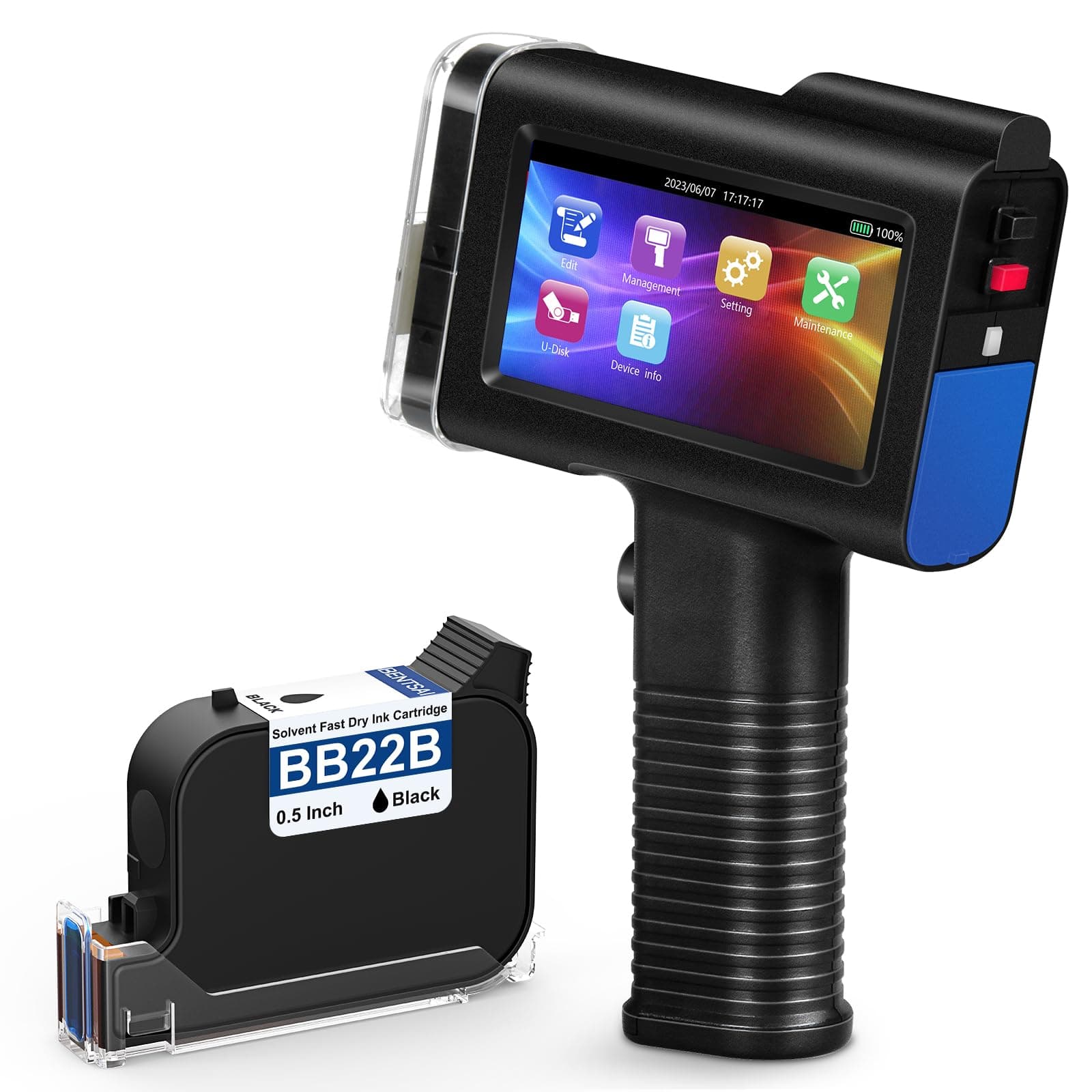 BT-HH6105B2 Handheld Inkjet Printer with 1/2 Inch Print Height Portable Handheld Printer for EXP Date, Batch Number, QR Code, Barcode, Logo on Carton Wood Fabric Plastic Metal (Black)