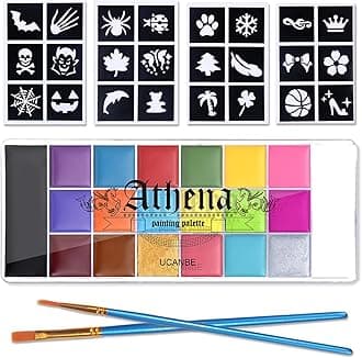 Athena Face Body Painting Kit - 20 Color Large Deep Pan Paint, 24 Stencils, 2pcs Brushes, Professional Oil Based SFX Makeup Palette for Art, Theater, Halloween, Parties and Cosplay
