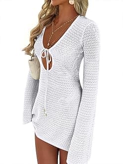 Swimsuit Cover Up for Women Crochet Bathing Suit 2026 Summer Swimwear V Neck Mesh Knit Dress Beach Vacation Clothes