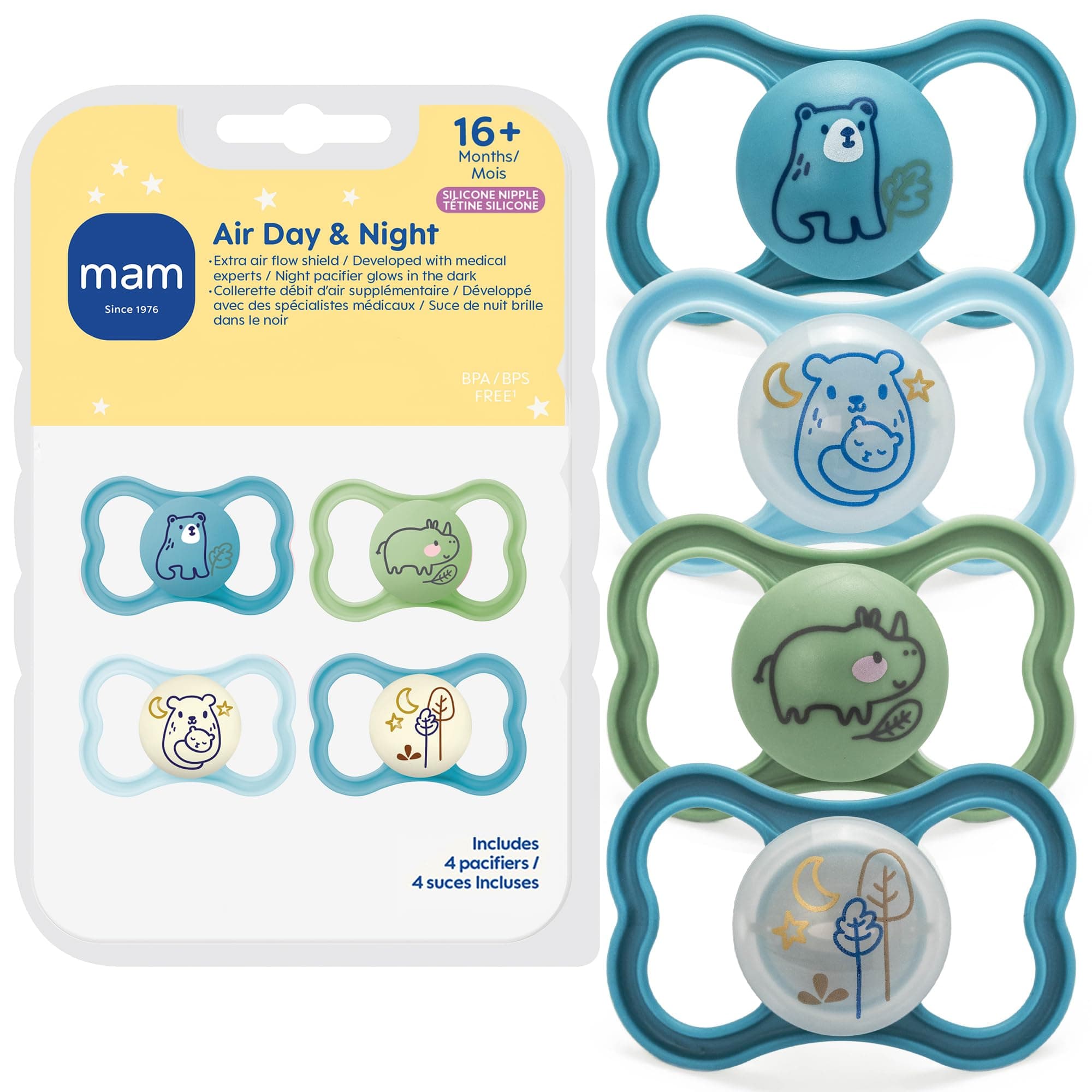 Air Pacifier for Babies 16+ Months, Extra Air Flow for Sensitive Skin, Glows in The Dark, Developed with Medical Experts, BPA-Free Skin Soft Silicone, 4 Count, Made in Europe