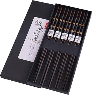5 Pairs Chopsticks Wooden, Glamfields Reusable Chop sticks, Non-slip Japanese Style gift set