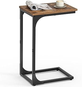 Slim End Table, Sofa Side Table, C-Shaped Snack Table, TV Tray Table with Metal Frame, Industrial, for Living Room, Bedroom, Rustic Brown and Black ULET350B01