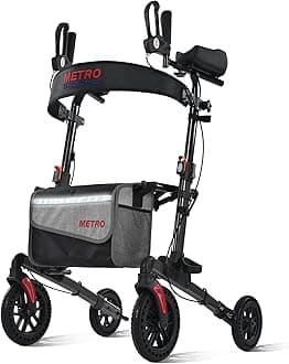 Metro Mobility Rollator Walker with Seat for Seniors, Foldable Lightweight Rolling Walker, 10" Big Front Shock-Absorbing Honeycomb Wheels for All Terrain, 300 lb. Weight Capacity, Black