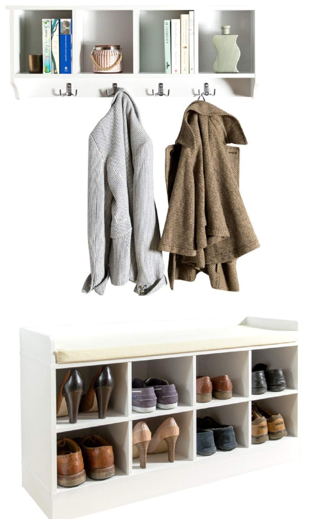 Kempton Hallway Storage Bench and Wall Storage Shelf Rack with Coat Hooks - Perfect Shoe Storage Unit (White)