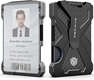 Minimalist Wallet for Men- Slim Aluminum Metal Money Clip Wallet with Clear ID Card Holder, Carbon Fiber Wallet, RFID Blocking,Holds up 15 Cards with Cash Clip,Ultra-Thin Tactical Wallet
