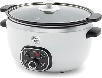GreenLife 6QT Slow Cooker, Non-Toxic PFAS-Free Ceramic Nonstick Removable Interior Bowl, Programmable, Family Friendly, Keep Warm, Stovetop & Oven Safe, Dishwasher Safe Crock, Timer, Glass Lid, White
