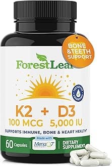 Vitamin D3 + K2 (MK7) Supplement - MenaQ7 - Calcium and Vitamin D3 5000 IU Max Absorption - Teeth and Bone Strength, Heart Health, Immune System Support - 60 Veggie Capsules