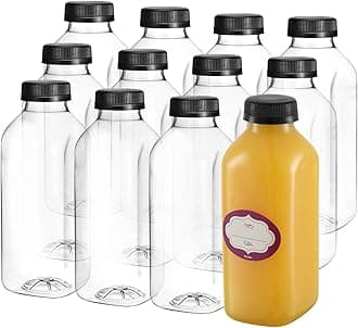 DilaBee 16 Oz Empty Plastic Juice Bottles with Lids – 12 Pack Small Square Drink Containers - Great for Storing Homemade Juices, Water, Smoothies, Tea and Other Beverages - Food Grade BPA Free