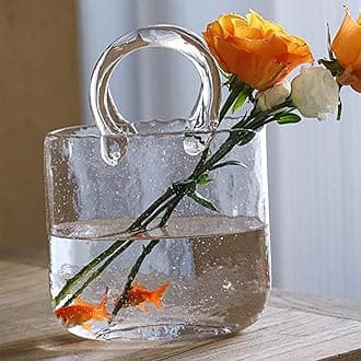 Hand Blown Glass Vase with Unique Design, Clear Purse Shape Flower Vase Handbag Shaped Fish Bowl Vase with Handles for Floral Arrangement, Centerpiece & Home Decor (Vase Only)