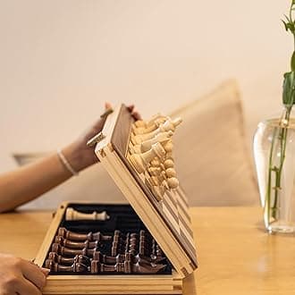 A&A 15 inch Foldable Wooden Magnetic Chess Set w/ 3 inch King Height Staunton Chess Pieces - Pine Box w/Walnut & Maple Inlay