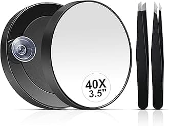 40X Magnifying Mirror, 3.5 Inch Round Compact Mirror with Suction Cup, Stainless Steel Tweezers, Perfect for Makeup, Eyebrows, Beards, Travel