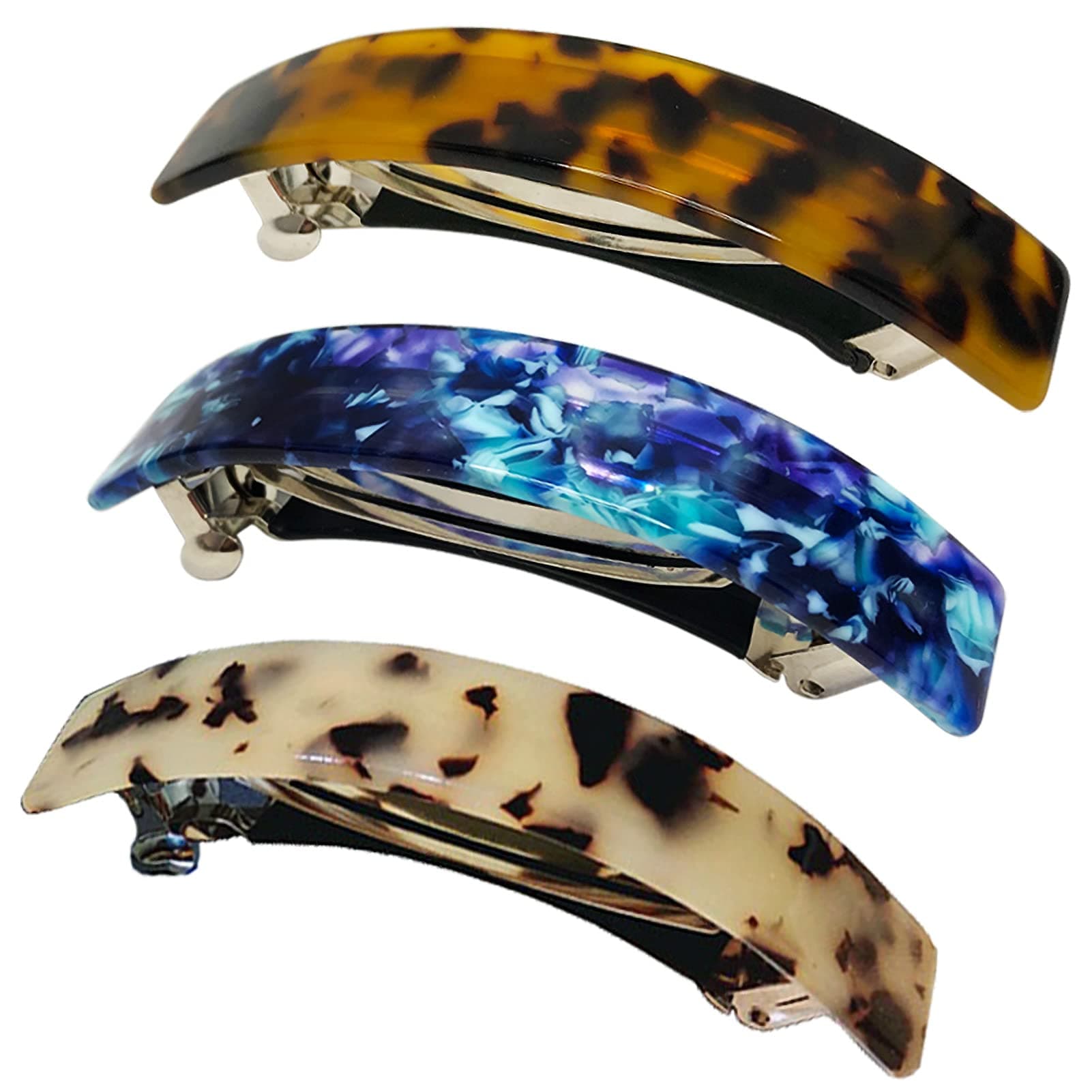 Large French Barrettes for Women Fine Thick Hair, Classic Tortoise Shell Hair Clips Wide Curved Celluloid Ponytail Holder Clamp Fashion Hair Accessories Automatic Clasp Hairgrips 3 Pack