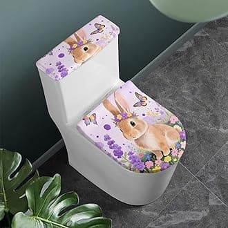 Cute Rabbit Toilet Lid Cover Set of 2, Soft Stretch Watercolor Flower Butterfly Toilet Lid and Tank Cover for Indoor Home Accessories Decor