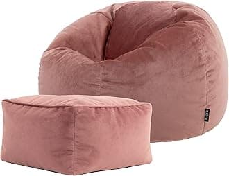 icon Kingston Velvet Bean Bag with Footstool, Dusk Pink, Large Adult Bean Bag Chair with Filling Included, Accent Chair, Pouffe Footstool, Living Room, Living Room Furniture, Bedroom Furniture