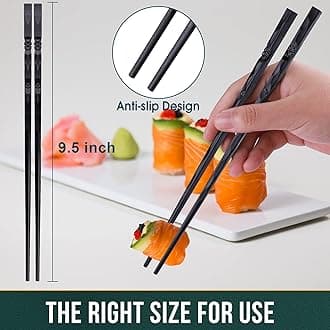 GLAMFIELDS 5 Pairs Japanese Fiberglass Chopsticks, Reusable Chop sticks Dishwasher Safe, Non-slip, 9 1/2 inches - Gift Set Black