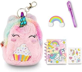 VOTUM Unicorn Keychain Charm for Backpacks, Purses, Handbags, Car Keys with Stationery Set - Includes Mini Notebook, Gel Pen, Eraser, Stickers - Portable & Fun Gift for Tweens Ages 8+