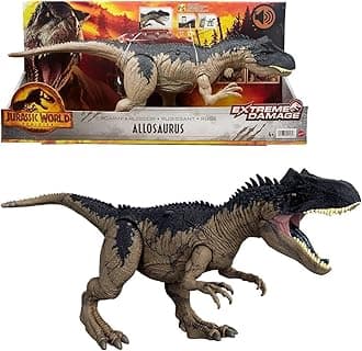 Jurassic World Articulated Dinosaur Allosaurus Extreme Damage 44.5 cm Long Figure with Sounds, Multicoloured, Unique (Mattel HFK06)