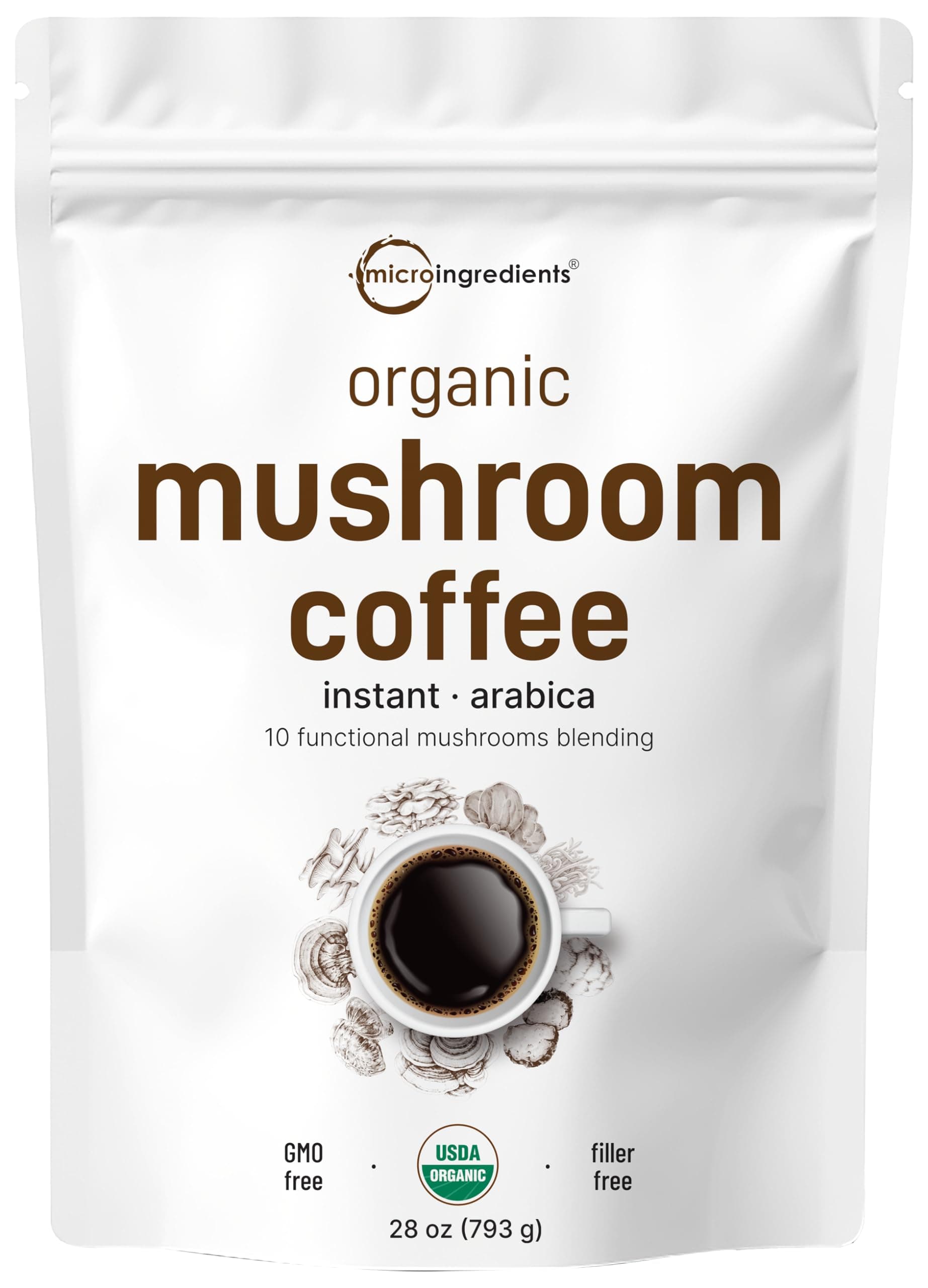Micro Ingredients Organic Instant 10 in 1 Mushroom Coffee Powder, 28 Ounce (317 Servings) | Premium Arabica Coffee with Lion’s Mane, Chaga, Reishi & More
