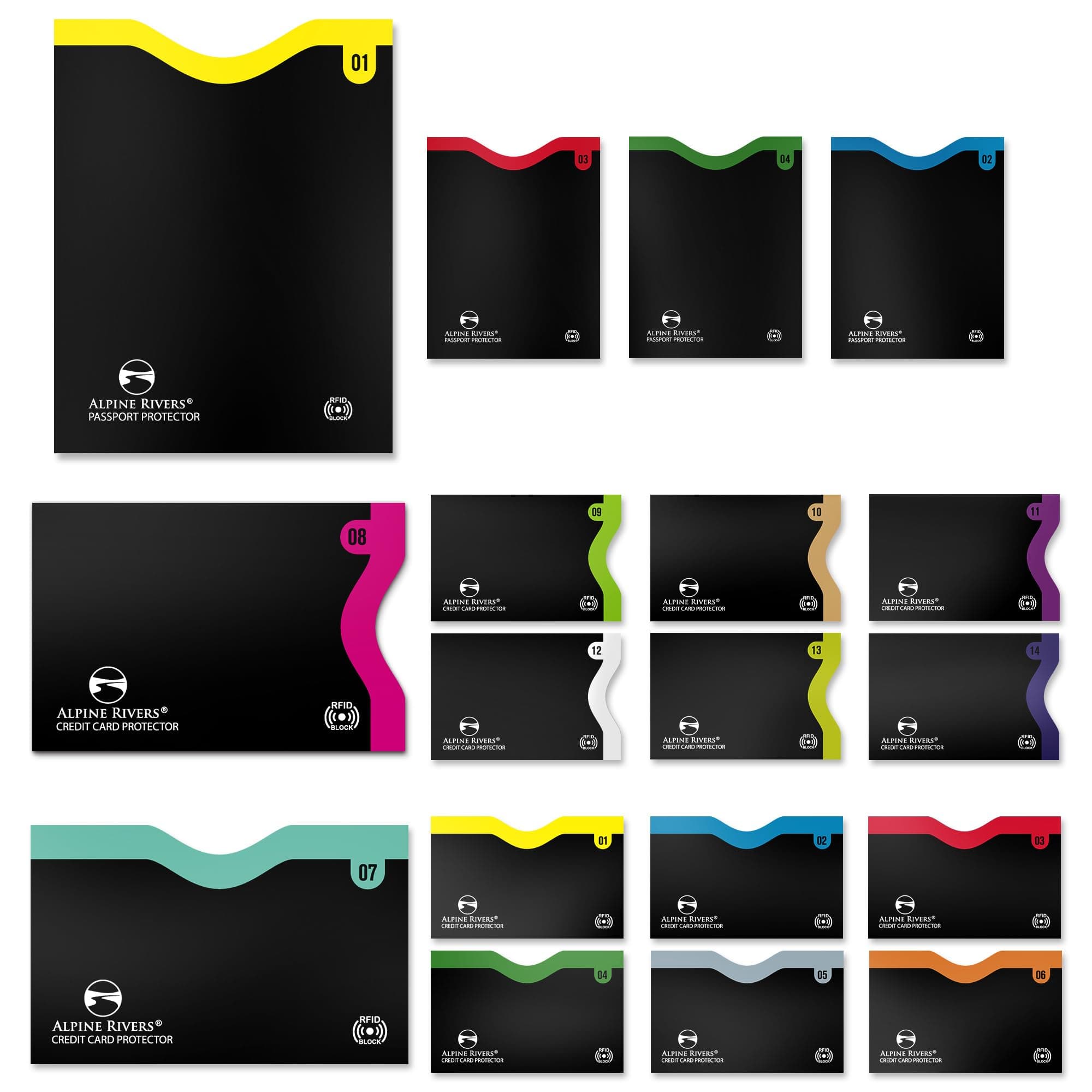 RFID Blocking Sleeves 18 Pack - 7 Top-Load & 7 Side-Load Credit Card Protectors, 4 Passport Holders | NFC Blocker 13.56 MHz | Bank Debit ID Protective Covers Numbered Everyday & Travel