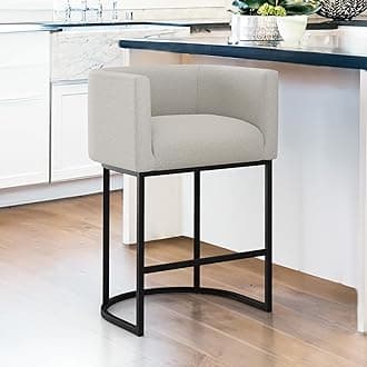 LUE BONA 27" H Counter Height Bar Stools, Modern Barrel Counter Stools with Backrest and Arms, Black Metal Frames, Linen Fabric Upholstered Accent Barstools for Kitchen Island, Light Gray