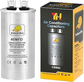 HVAC YELLOW HATCapacitor for Air Conditioner 40 uf MFD 370 or 440 Volt VAC, Multi-Purpose Round Capacitor, 5 Year Warranty